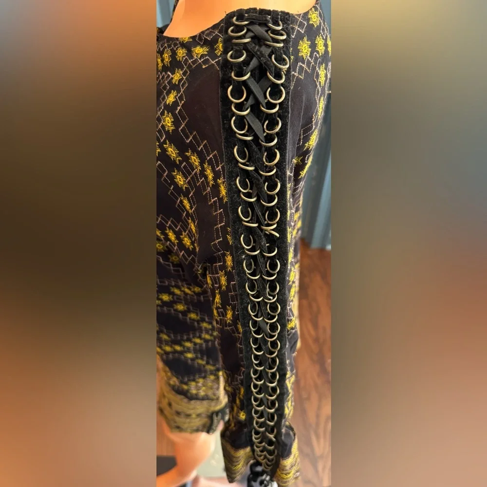 Free People New Romantics Dress Black Yellow Chain Sleeve Boho Size M - Picture 3 of 10